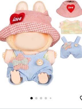Cute Plush Baby Doll Romper Set with Pink Gingham Hat for Labubu doll